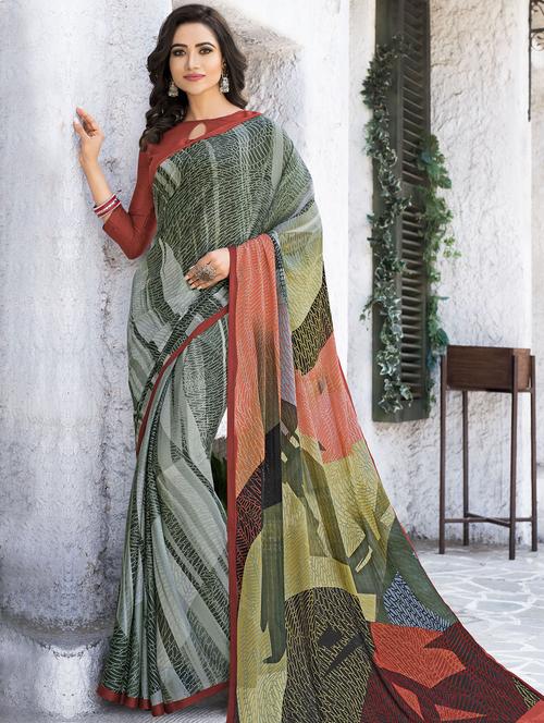 abstract printed saree with blouse - 16244116 - Very Small Image - 1