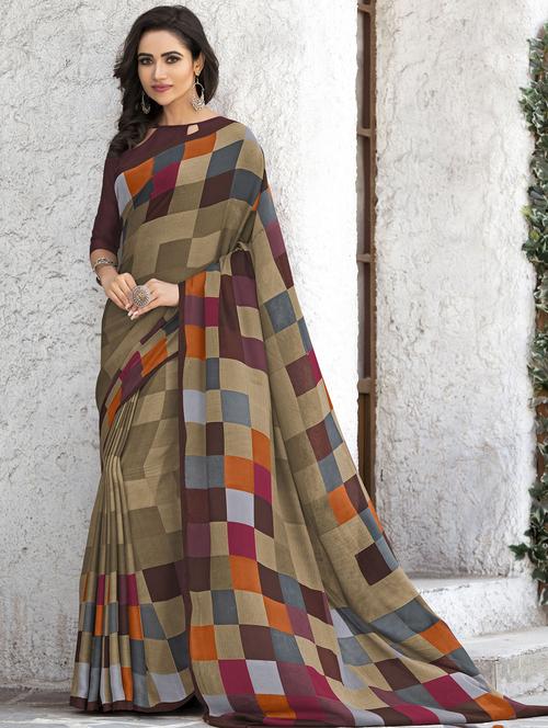 checkered printed saree with blouse - 16244121 - Very Small Image - 1