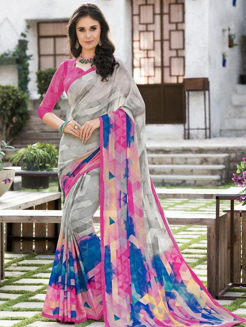abstract printed saree with blouse - 16244130 - Very Small Image - 1