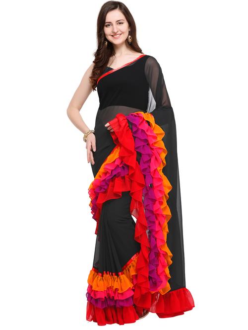 ruffle bordered fusion saree with blouse - 16245610 - Very Small Image - 1