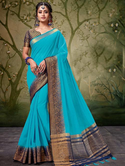 zari border woven saree with blouse - 16246092 - Very Small Image - 1