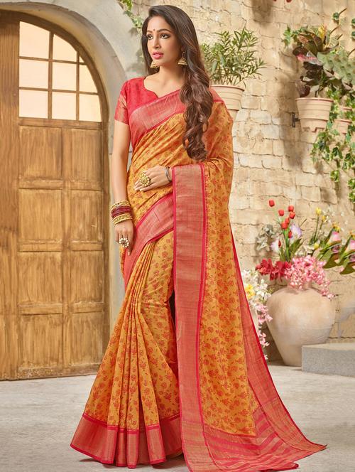 floral zari motif tussar saree with blouse - 16246100 - Very Small Image - 1