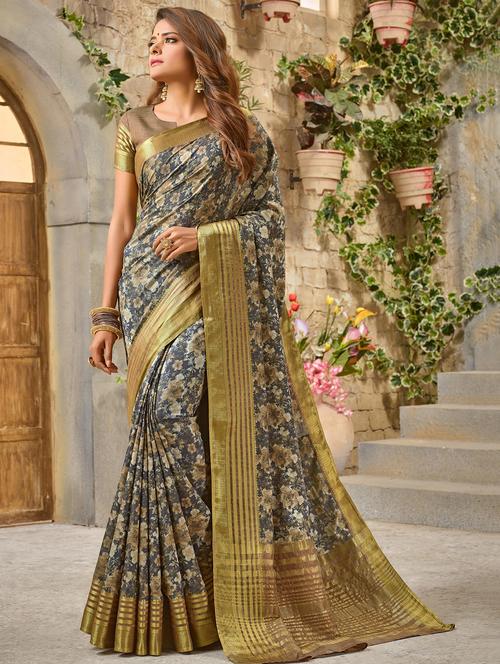 floral zari motif tussar saree with blouse - 16246101 - Very Small Image - 1