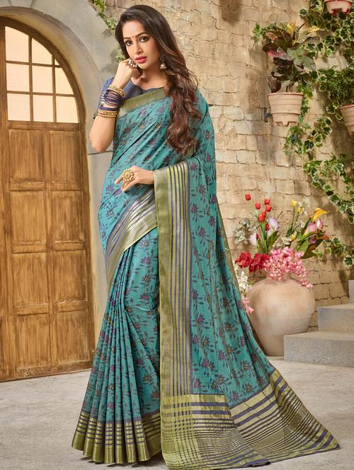 floral zari motif tussar saree with blouse - 16246108 - Very Small Image - 1
