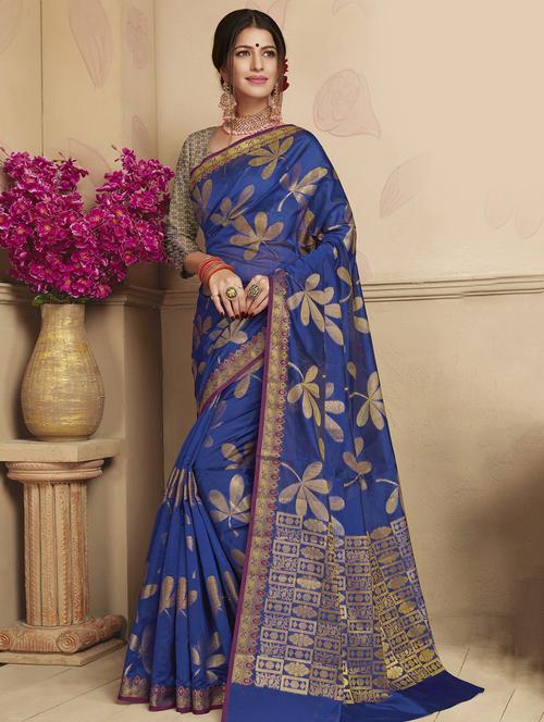 floral zari motif woven saree with blouse - 16246113 - Very Small Image - 1