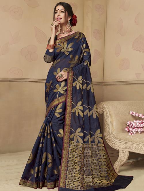 floral zari motif woven saree with blouse - 16246115 - Very Small Image - 1
