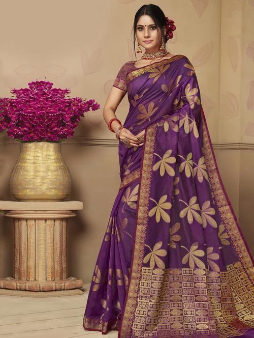 floral zari motif woven saree with blouse - 16246116 - Very Small Image - 1