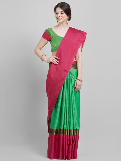contrast bordered plain saree with blouse - 16251906 - Very Small Image - 1
