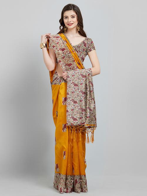 contrast boarded printed saree with blouse - 16251944 - Very Small Image - 1
