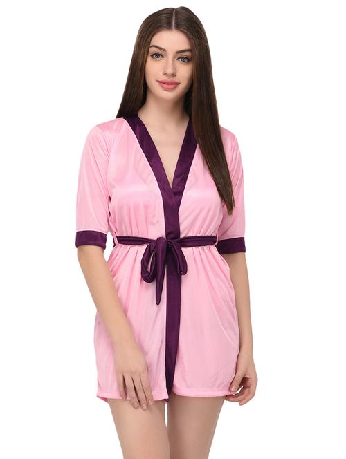 pink solid sleepwear robe with babydoll set - 16252894 - Very Small Image - 1
