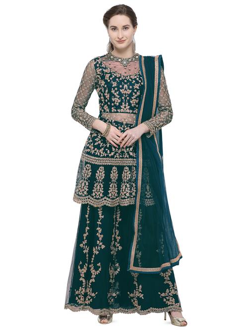 zari embroidered unstitched sharara suit - 16253487 - Very Small Image - 1