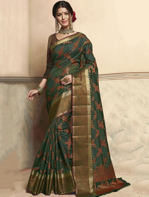 floral zari motif banarasi saree with blouse - 16256662 - Very Small Image - 1