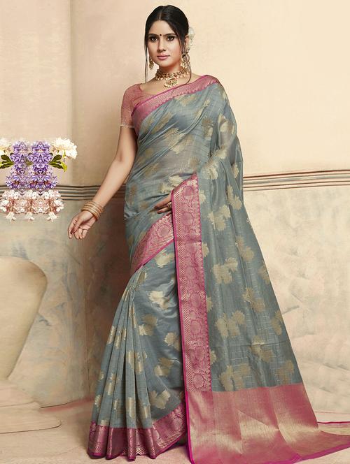 floral zari motif banarasi saree with blouse - 16256667 - Very Small Image - 1