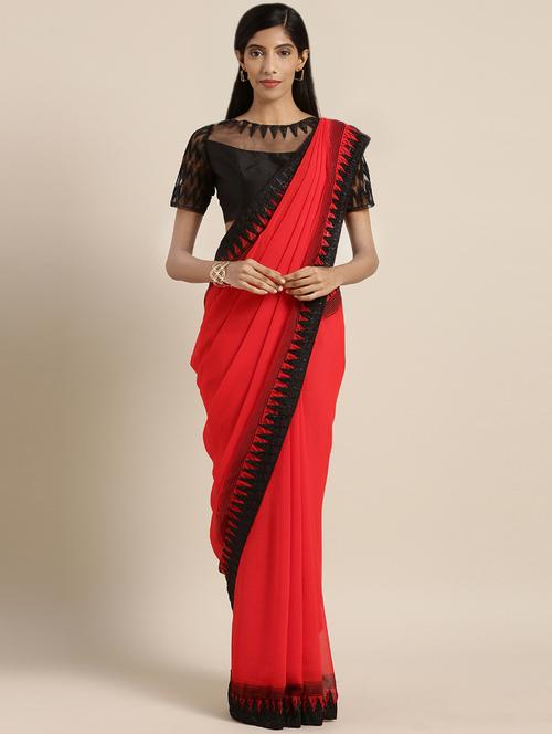 contrast embroidered saree with blouse - 16256673 - Very Small Image - 1