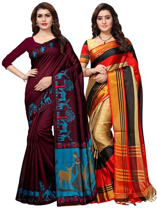 multi color saree combo (set of 2) with blouse - 16258799 - Very Small Image - 1