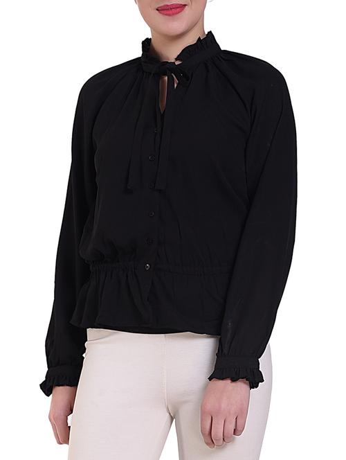 tie knot neck button up blouson top - 16262747 - Very Small Image - 1