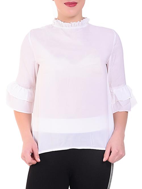 ruffle trim pleated mock neck top - 16262748 - Very Small Image - 1