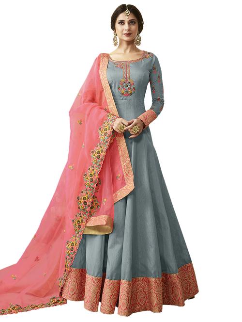 embroidered anarkali semi-stitched suit - 16262986 - Very Small Image - 1