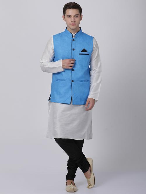 white silk blend kurta pyjama set with nehru jacket - 16263910 - Very Small Image - 1