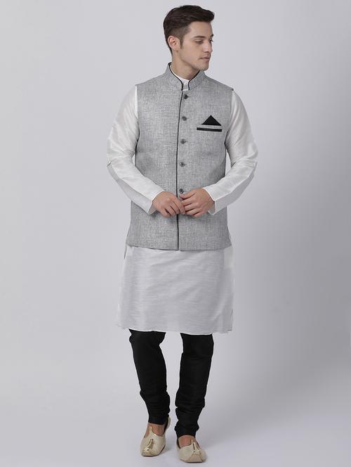silver silk blend kurta pyjama set with nehru jacket - 16263927 - Very Small Image - 1