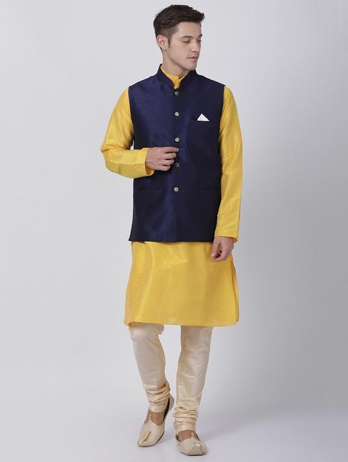 yellow silk blend kurta pyjama set with nehru jacket - 16263930 - Very Small Image - 1