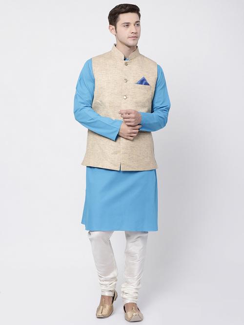 blue cotton kurta pyjama set with nehru jacket - 16263935 - Very Small Image - 1