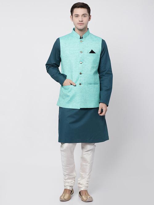 green cotton kurta pyjama set with nehru jacket - 16263936 - Very Small Image - 1