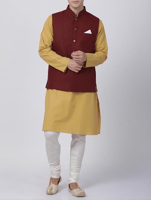 maroon cotton kurta pyjama set with nehru jacket - 16263949 - Very Small Image - 1