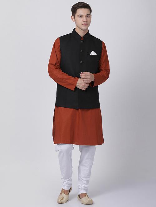red cotton kurta pyjama set with nehru jacket - 16263951 - Very Small Image - 1