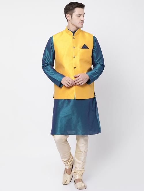 blue silk blend kurta pyjama set with nehru jacket - 16263956 - Very Small Image - 1