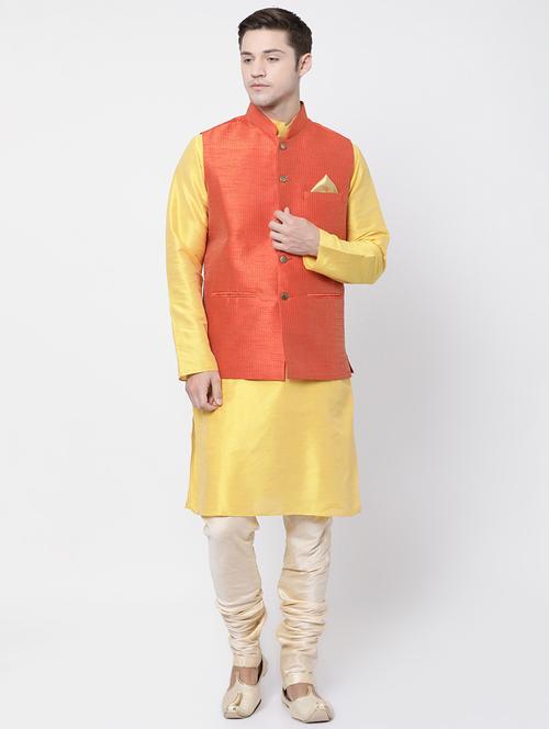 yellow silk blend kurta pyjama set with nehru jacket - 16263958 - Very Small Image - 1