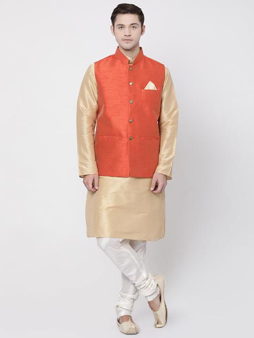 orange silk blend kurta pyjama set with nehru jacket - 16263959 - Very Small Image - 1