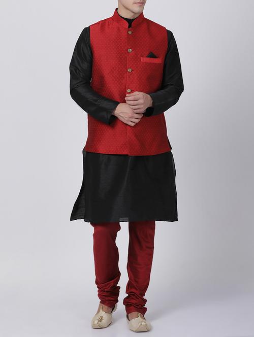 red and black silk blend kurta pyjama set with nehru jacket - 16263965 - Very Small Image - 1