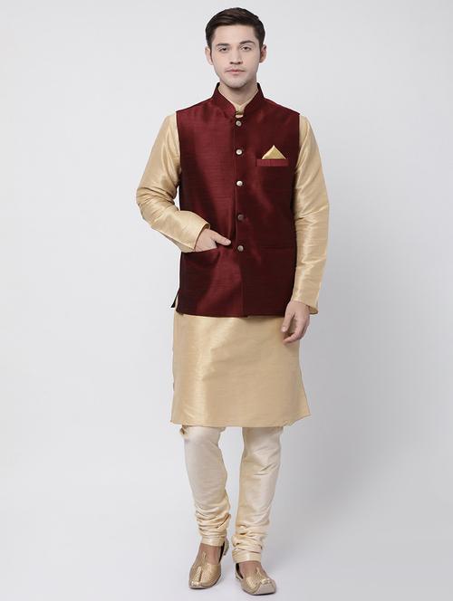 maroon silk blend kurta pyjama set with nehru jacket - 16263970 - Very Small Image - 1