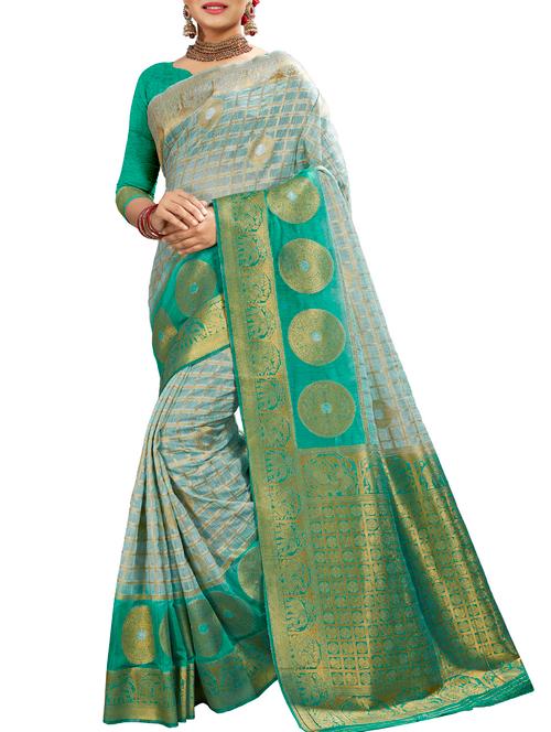 checkered zari motif woven saree with blouse - 16270425 - Very Small Image - 1