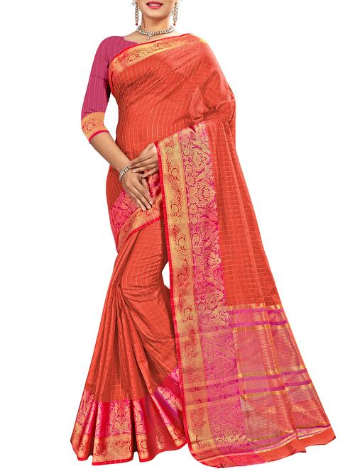 checkered zari motif banarasi saree with blouse - 16270450 - Very Small Image - 1
