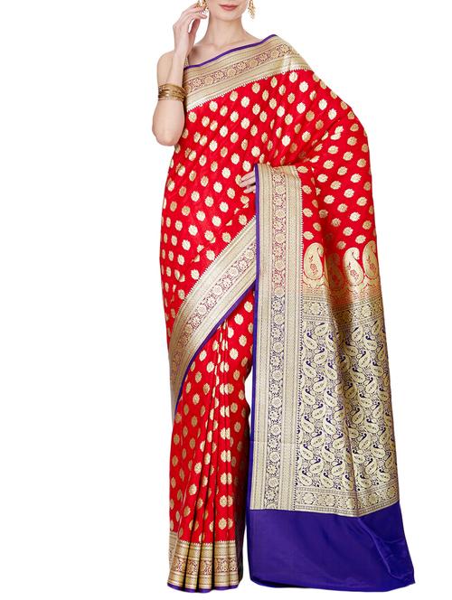 floral zari motif banarasi saree with blouse - 16270729 - Very Small Image - 1