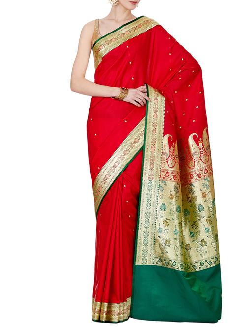 floral zari border banarasi saree with blouse - 16270761 - Very Small Image - 1
