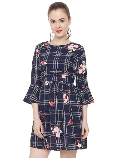 printed checks bell sleeves dress - 16272522 - Very Small Image - 1
