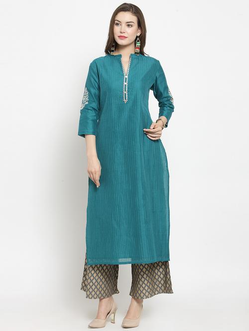 turquoise chanderi kurta palazzo set - 16273267 - Very Small Image - 1