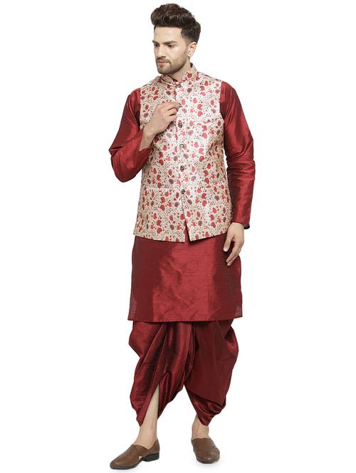 maroon silk blend dhoti kurta set with nehru jacket - 16273921 - Very Small Image - 1