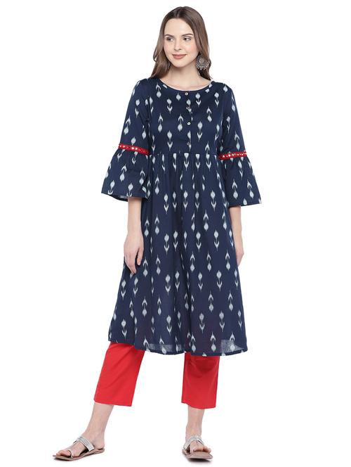 indigo ikat print a-line kurta - 16274197 - Very Small Image - 1