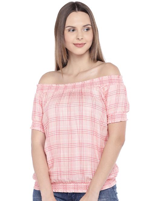 off shoulder checkered blouson top - 16274295 - Very Small Image - 1