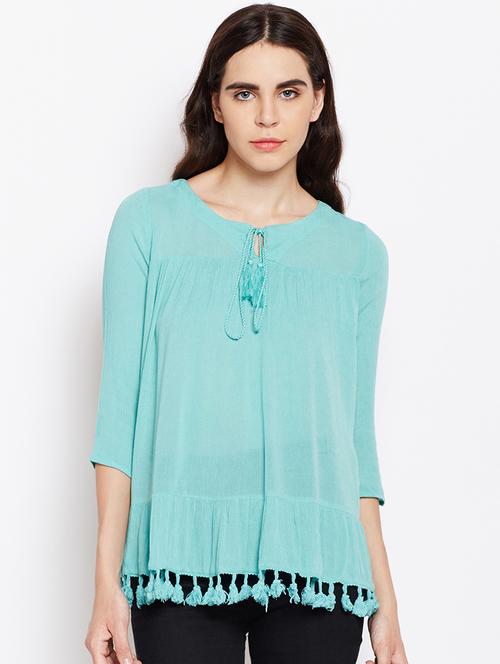 tasseled hem tie up neck tunic - 16274806 - Very Small Image - 1