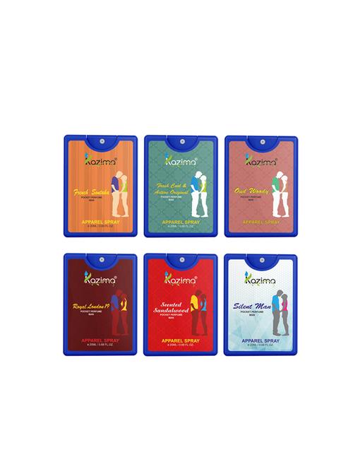 kazima pocket perfume for men, 20ml each(french sontaka,fresh cool,oud woody,royallondon,scentedsandalwood,silentman)(pack of 6) - 16278818 - Very Small Image - 1