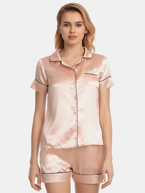contrast piped shirt and shorts nightwear set - 16286369 - Very Small Image - 1