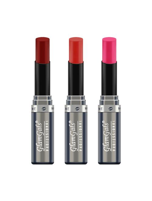 glamgals hollywood-u.s.a creme matte finish lipstick - hot red + red queen + barbie pink combo - 16288902 - Very Small Image - 1