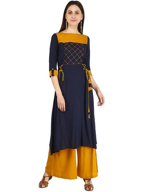 contrast solid kurta palazzo set - 16289358 - Very Small Image - 1
