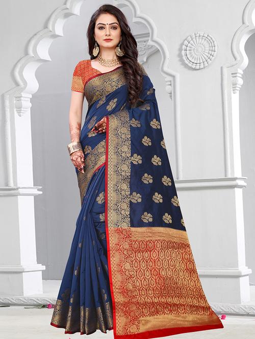 floral zari motif banarasi saree with blouse - 16291724 - Very Small Image - 1