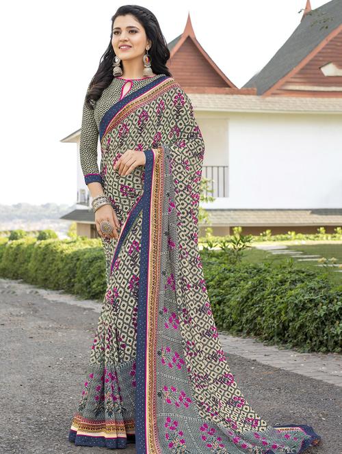 floral printed saree with blouse - 16294077 - Very Small Image - 1